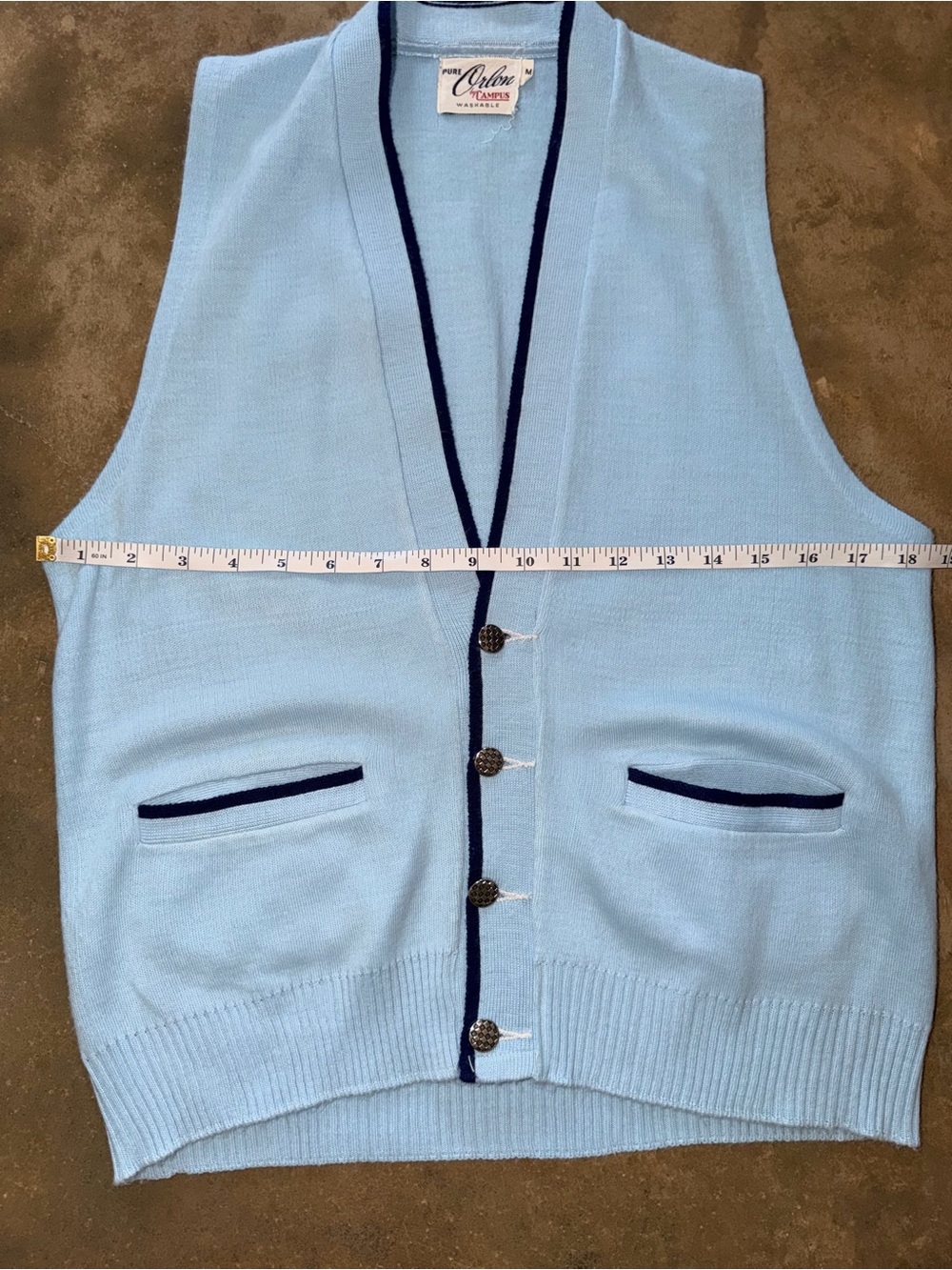 Vintage Campus Pure Orlon Sweater Vest Blue Navy Trim Button Front M Academia - Picture 6 of 9